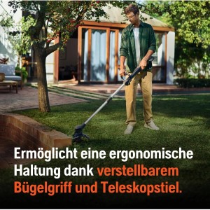 Husqvarna Akku-Rasentrimmer Aspire T28-P4A im Einsatz. Der Trimmer hat einen verstellbaren Bügelgriff und Teleskopstiel.