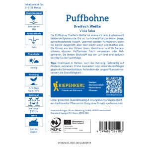 Kiepenkerl Puffbohne Dreifach Weiße Samenpackung, weiße Blüten und Körner.