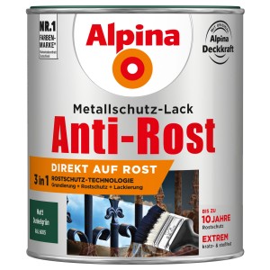 Dunkelgrüner, matter Alpina Metallschutzlack Anti-Rost 750ml für Eisen- und Nichteisenmetalle.