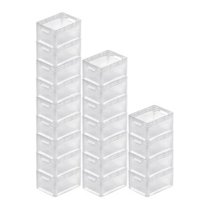 PROREGAL SparSet: 20 transparente Eurobehälter LightLine (22x30x40cm, 24L) mit offenen Griffen, gestapelt.