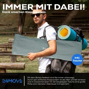 24MOVE Feldbett Campingbett, grau, zusammengepackt in Tragetasche, transportbereit.