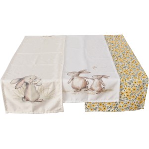 Boltze Tischläufer Knuffi, 3-fach sortiert, 140x40 cm, Ostermotive mit Hasen und Blumenmuster.