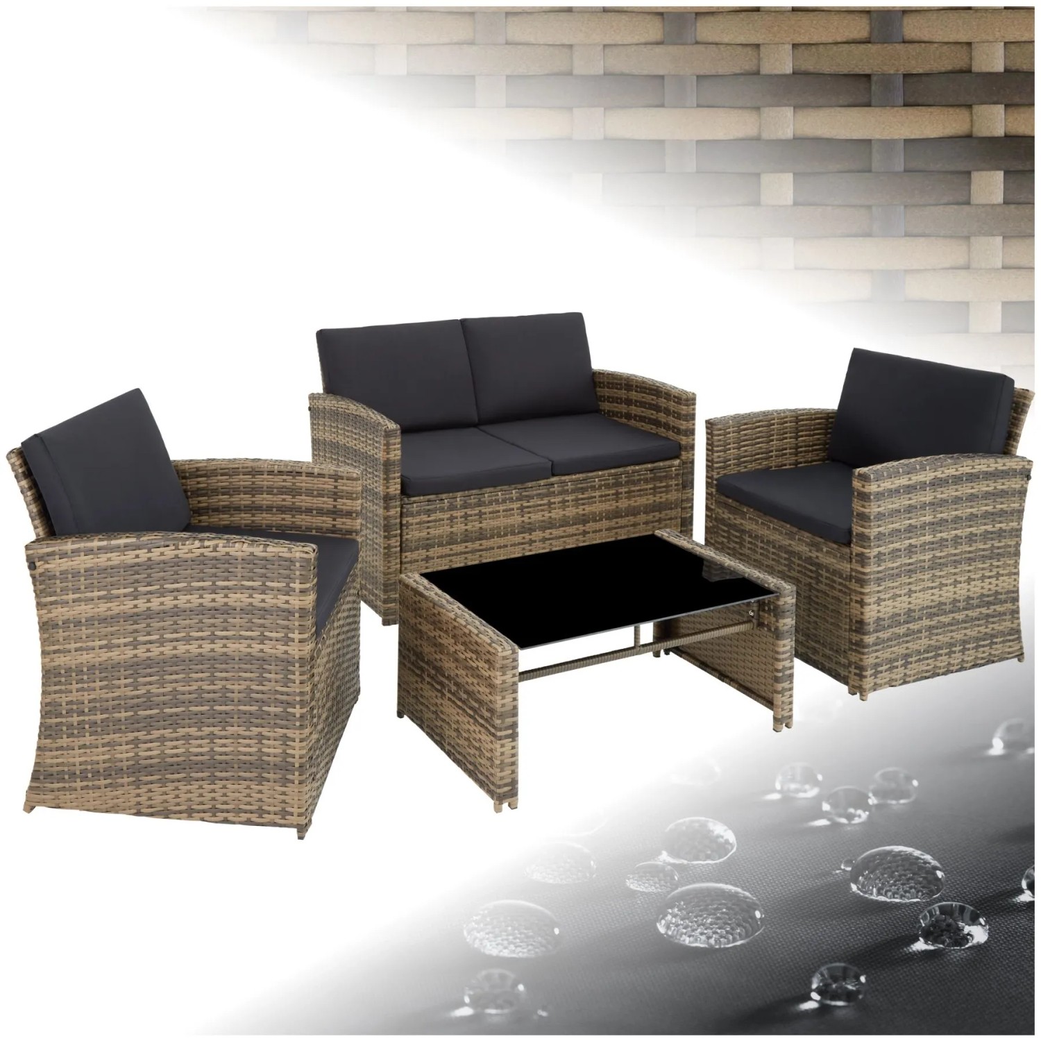 Tectake Rattan Lounge Jesolo Für 4 Personen Widerstandsfähig  122 x 70 x 76 cm Natur Dunkelgrau