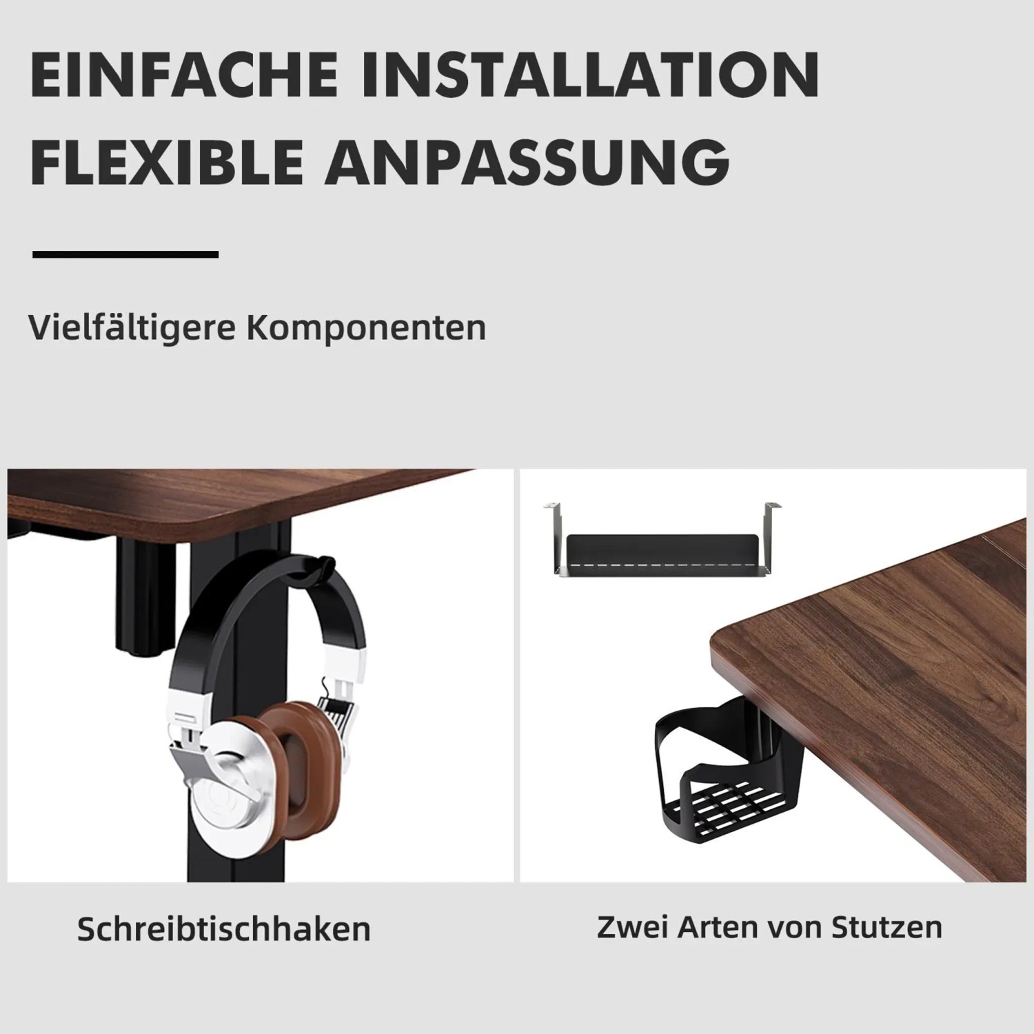 HOMAVO Schreibtisch: Details wie Kopfhörerhaken, Getränkehalter und USB-Ladestation.