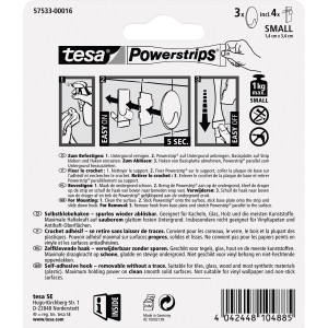 Tesa Klebehaken, 3er-Set, oval, weiß, mit Powerstrips für bis zu 1 kg Haltekraft.