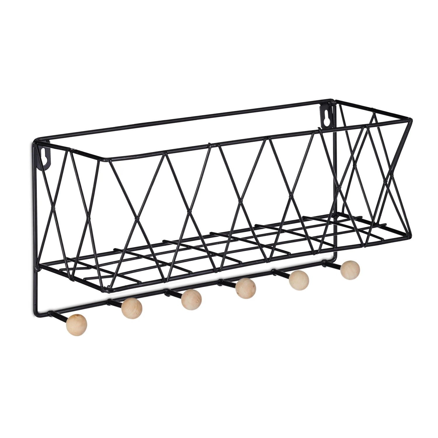Relaxdays Wandregal Metall Schwarz mit 6 Haken 17 cm x 36 cm x 13 cm 0,45 kg