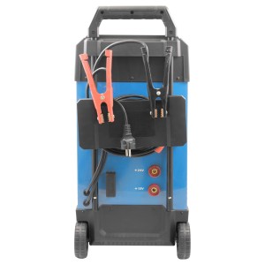 Güde Batterielader Digital GDB 24V/12V-250 mit Batterieklemmen, Kabel und Rollen.