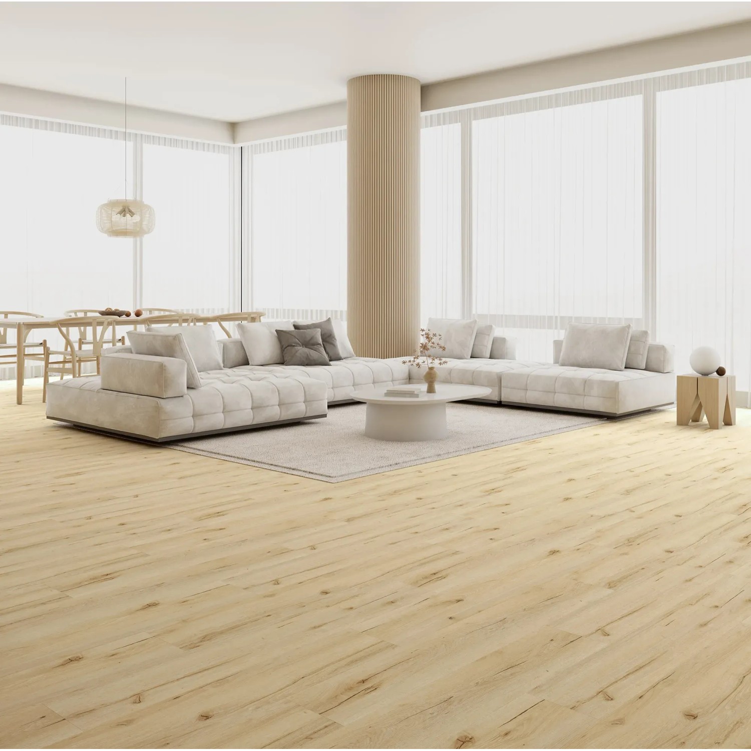 Heller Wohnraum mit Decoflooring Vinylboden Dryback Normandie Eiche in Holzoptik.