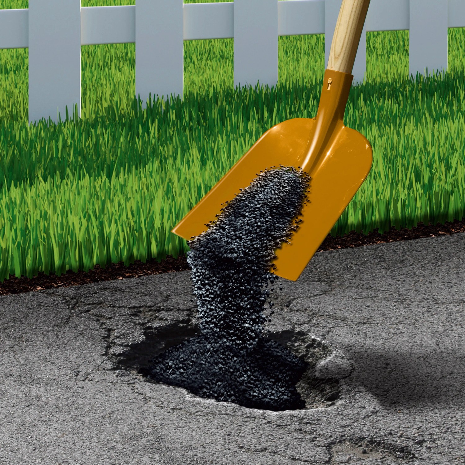 Schaufel füllt Schlagloch mit MEM Reparatur-Asphalt (10 kg).