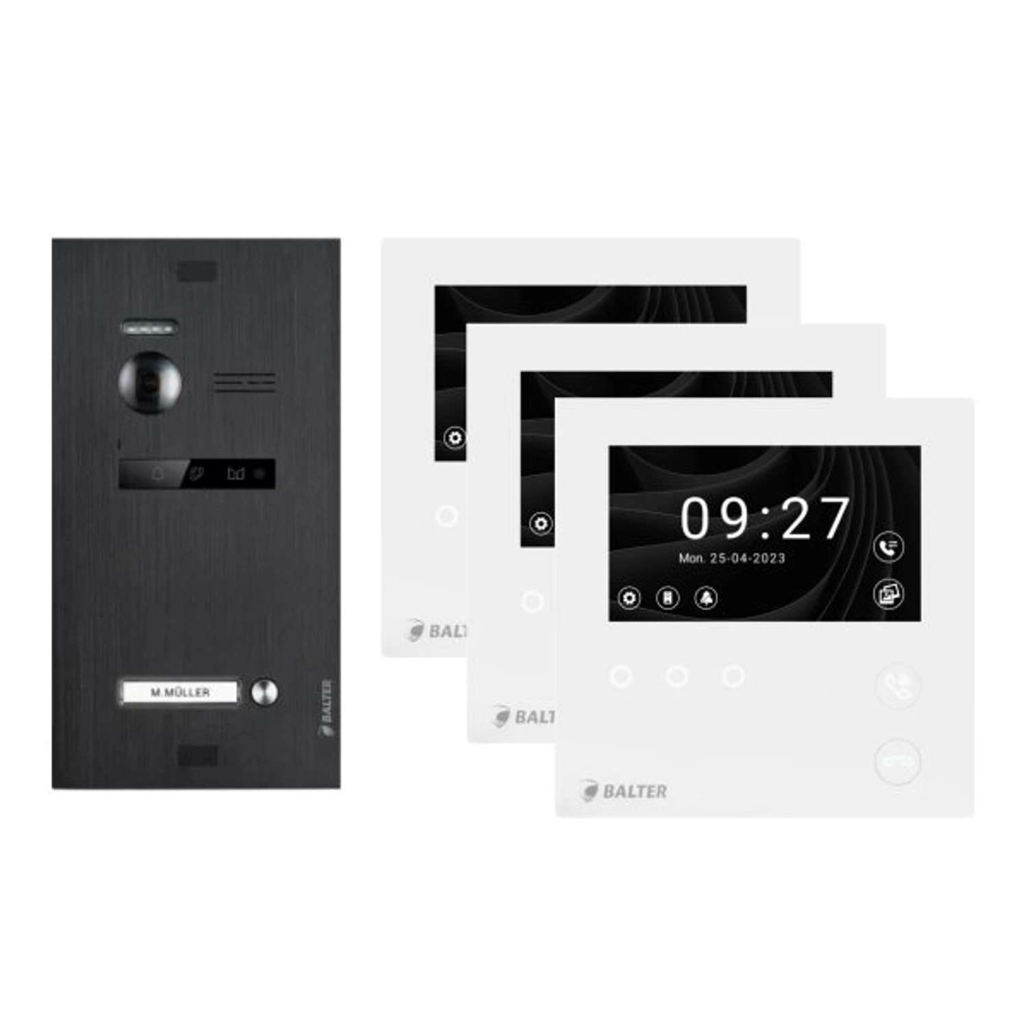 Balter Evo-HD-Mini Video Türsprechanlage Komplettsystem für 1-Familienhaus mit 3x 4,3 Zoll WiFi Monitor Schwarz