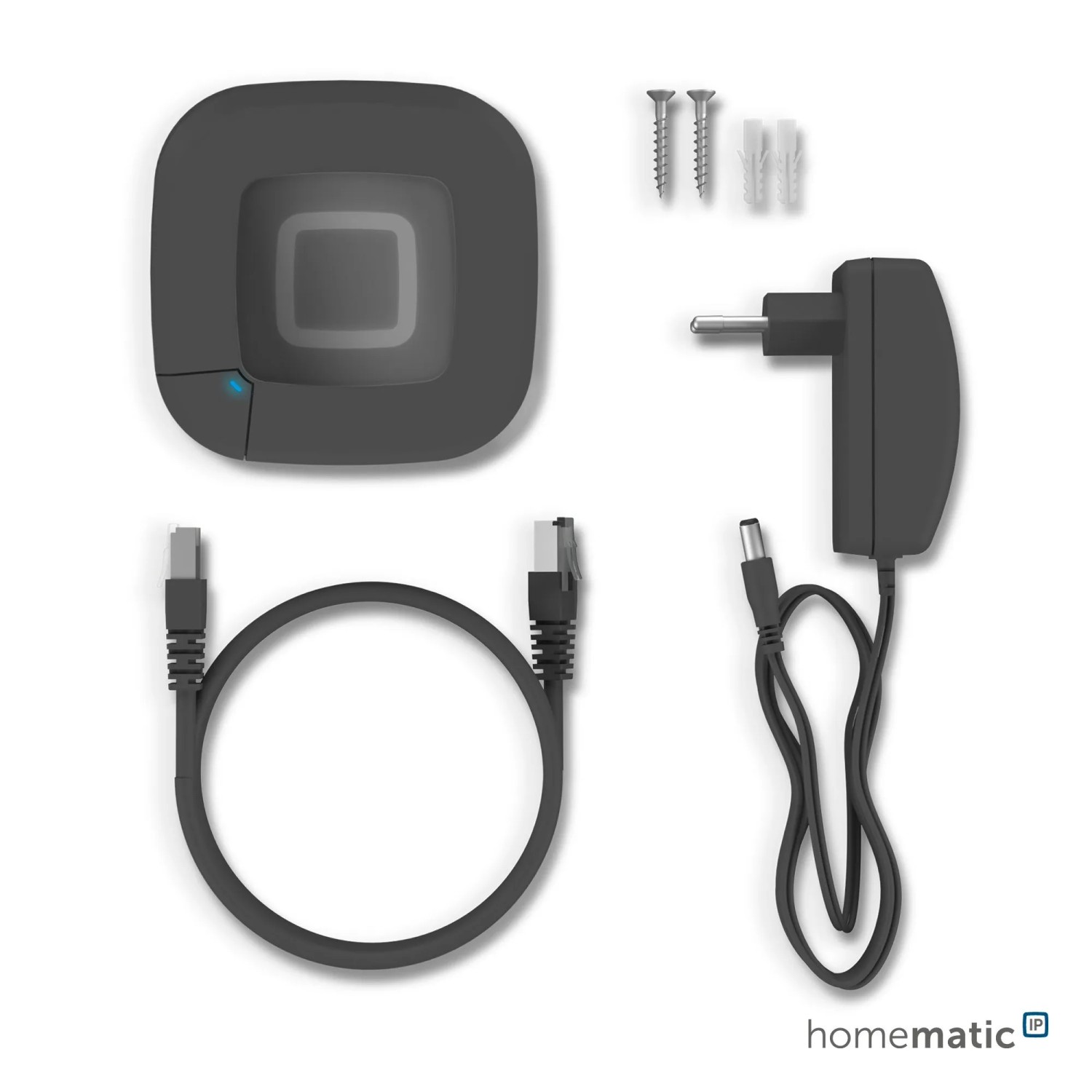HmIP Access Point 2 Anthrazit mit Zubehör: Netzteil, LAN-Kabel, Schrauben und Dübel.