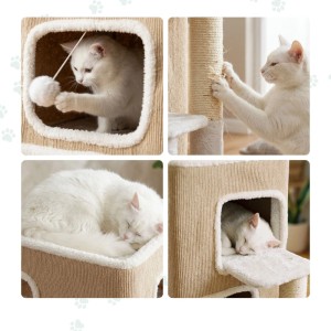 Beiges Relaxdays Katzenhaus mit 3 Etagen, Kratzstamm und Spielball. Eine Katze spielt, kratzt und schläft.