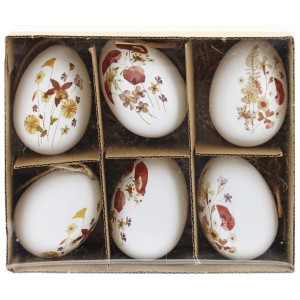 Box mit 6 weißen Ostereiern mit Blumenmuster zum Aufhängen.