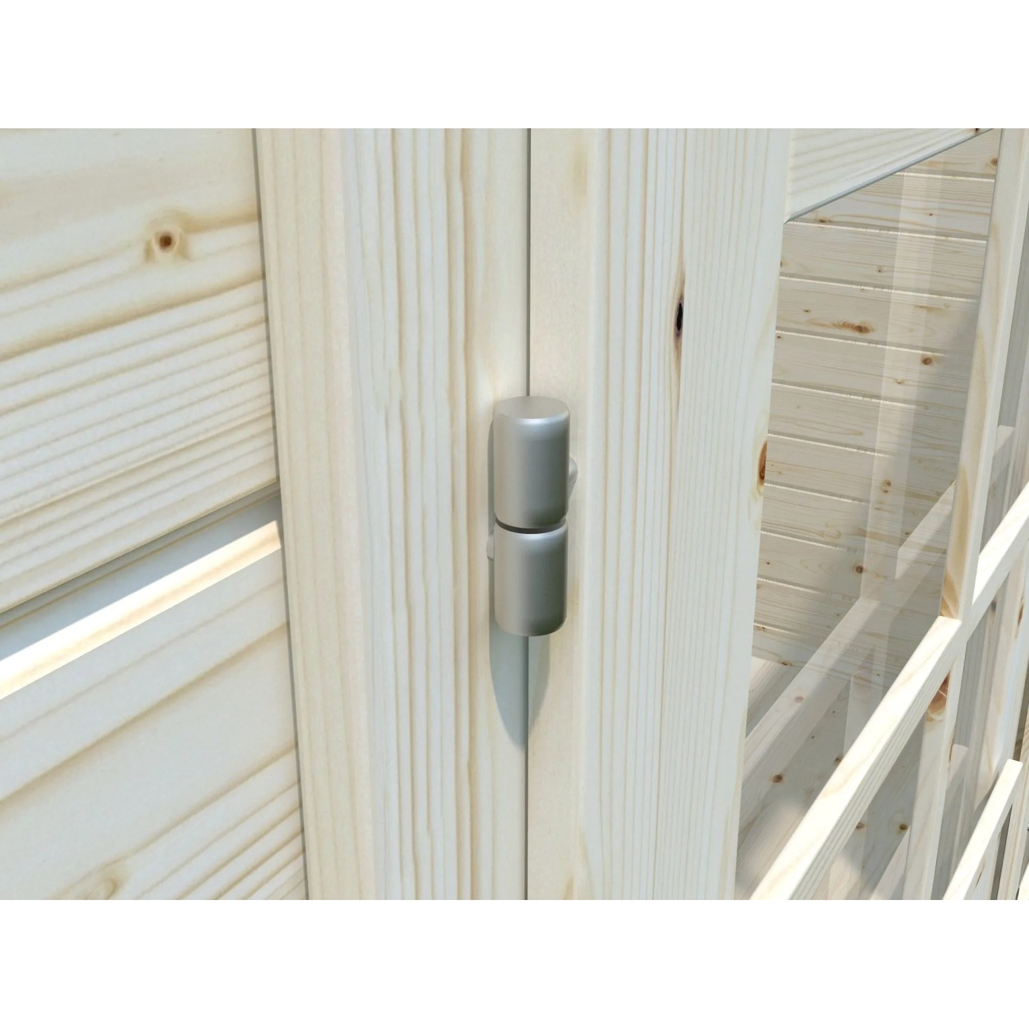 Detailaufnahme: Scharnier an unbehandeltem Holz-Gartenhaus Palmako Ella.
