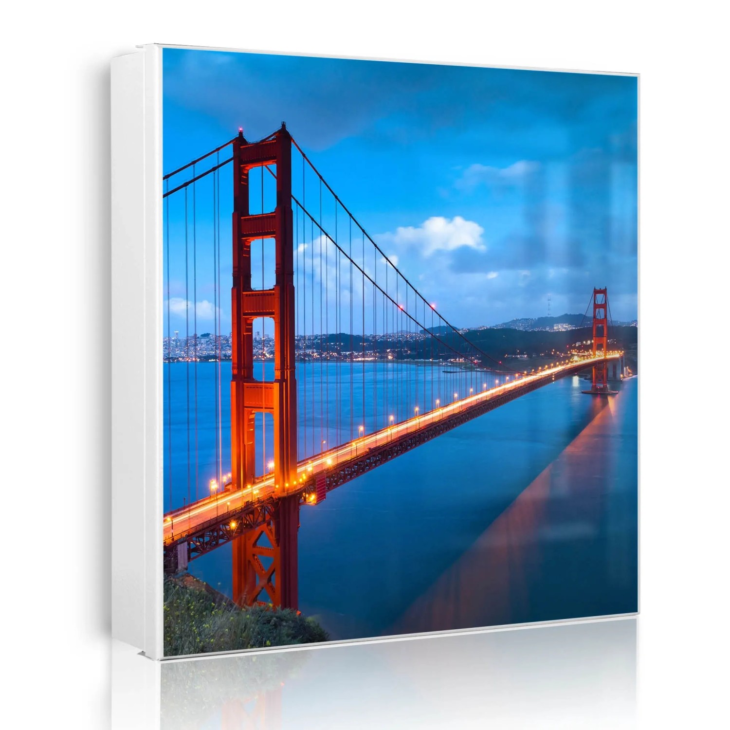 Banjado Großer Schlüsselkasten Metall 30x30cm Weiß Scharnier Rechts 50 Haken Beschreibbar Magnetisch Motiv Golden Gate Bridge