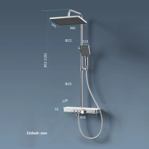 Emke Duschsystem Chrom mit Thermostat, Regendusche und Handbrause mit Maßangaben.