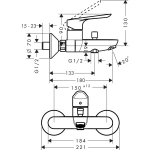 Technische Zeichnung der Hansgrohe Logis E Wannenarmatur Aufputz in Chrom mit Maßen.