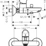 Technische Zeichnung der Hansgrohe Logis E Wannenarmatur Aufputz in Chrom mit Maßen.