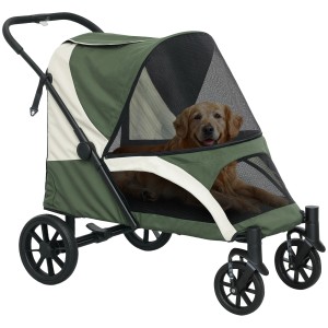 PawHut Hundewagen, grün/beige, mit Hund. Ideal für bequeme Spaziergänge mit Ihrem Vierbeiner.