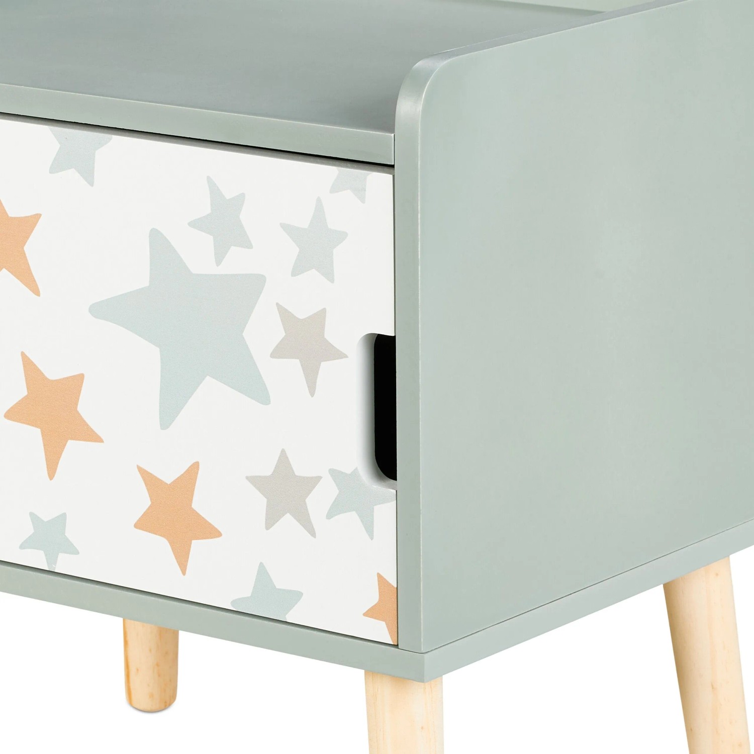 Kindernachttisch aus MDF und Holz, weiß-grün mit Stern-Print, Staufach mit Griff. Ideal für Kinderzimmer.