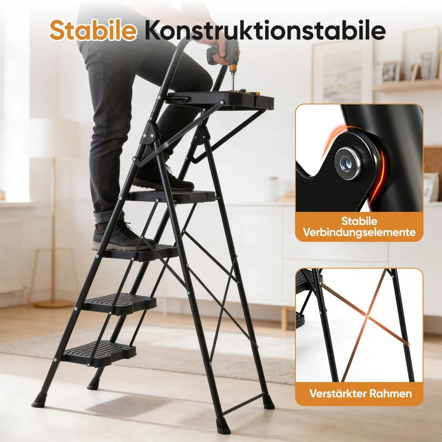 Schwarze 4-Stufen Klappleiter mit Werkzeugschale. Stabile Konstruktion, breite Trittflächen für sicheren Stand bis 150 kg.