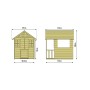 Skizze des Zwerkules Spielhaus Villa aus Holz mit Maßen, ideal für Kinder zum Spielen im Garten.
