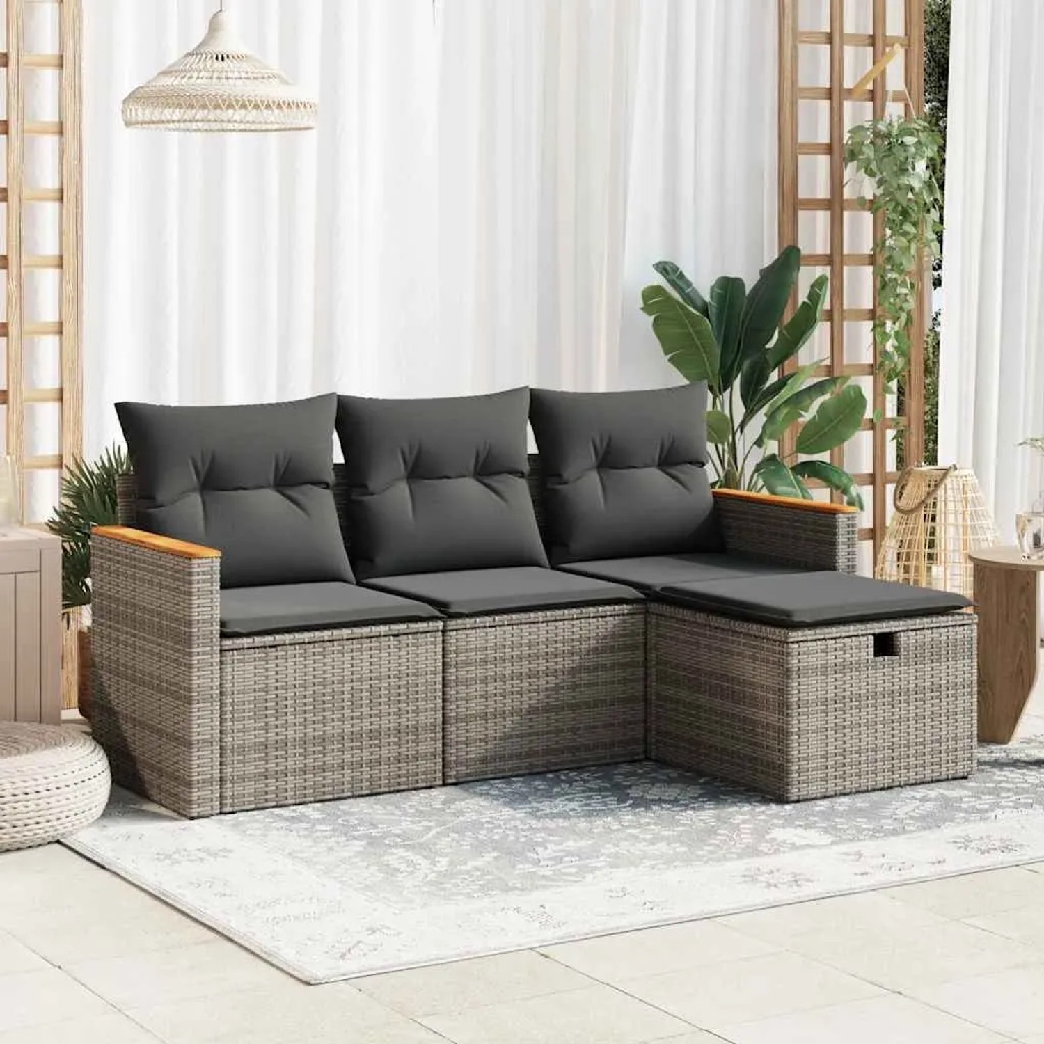 Graue 4-tlg. vidaXL Garten-Sofagarnitur aus Rattan mit Kissen für Terrasse und Garten.