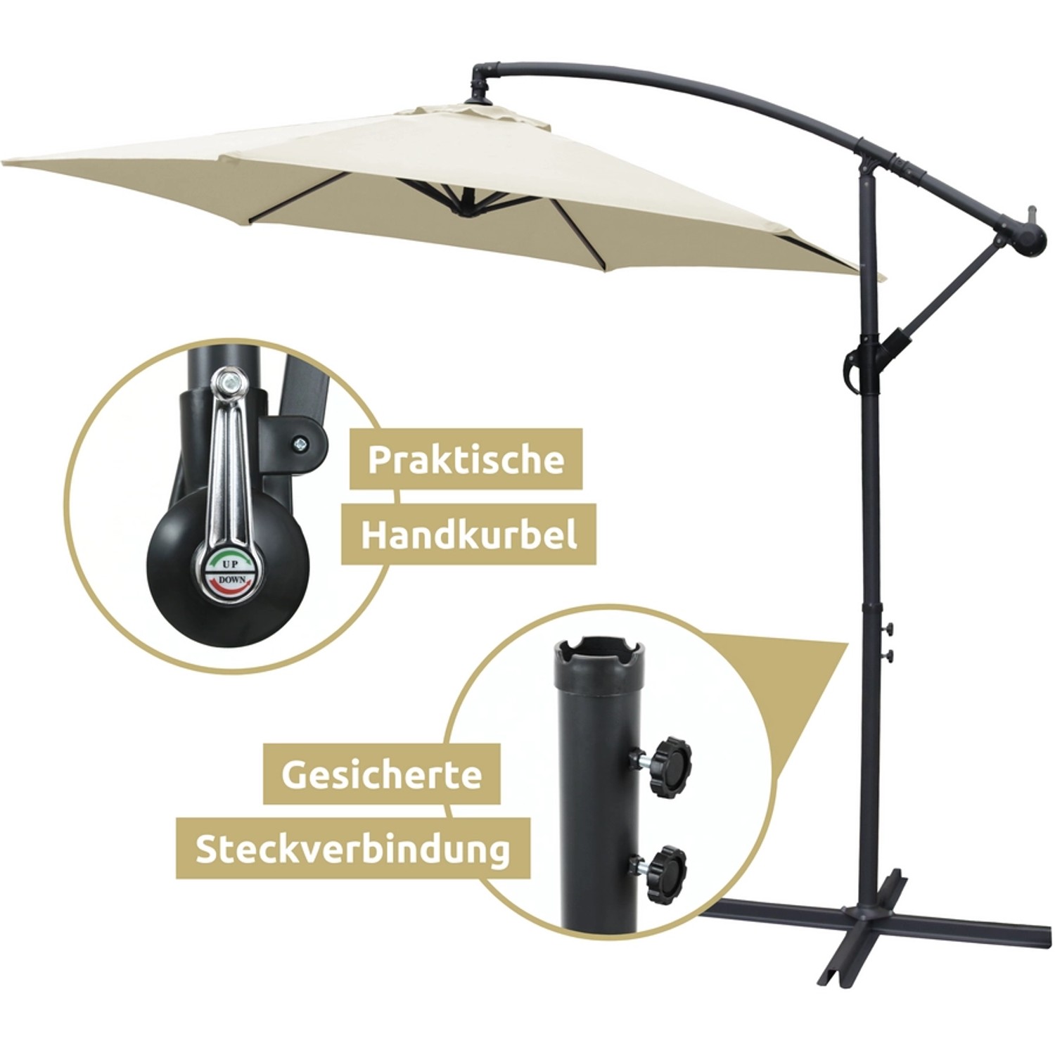 Creme-farbener deluxe4home Ampelschirm mit Ständer, 270cm Durchmesser.