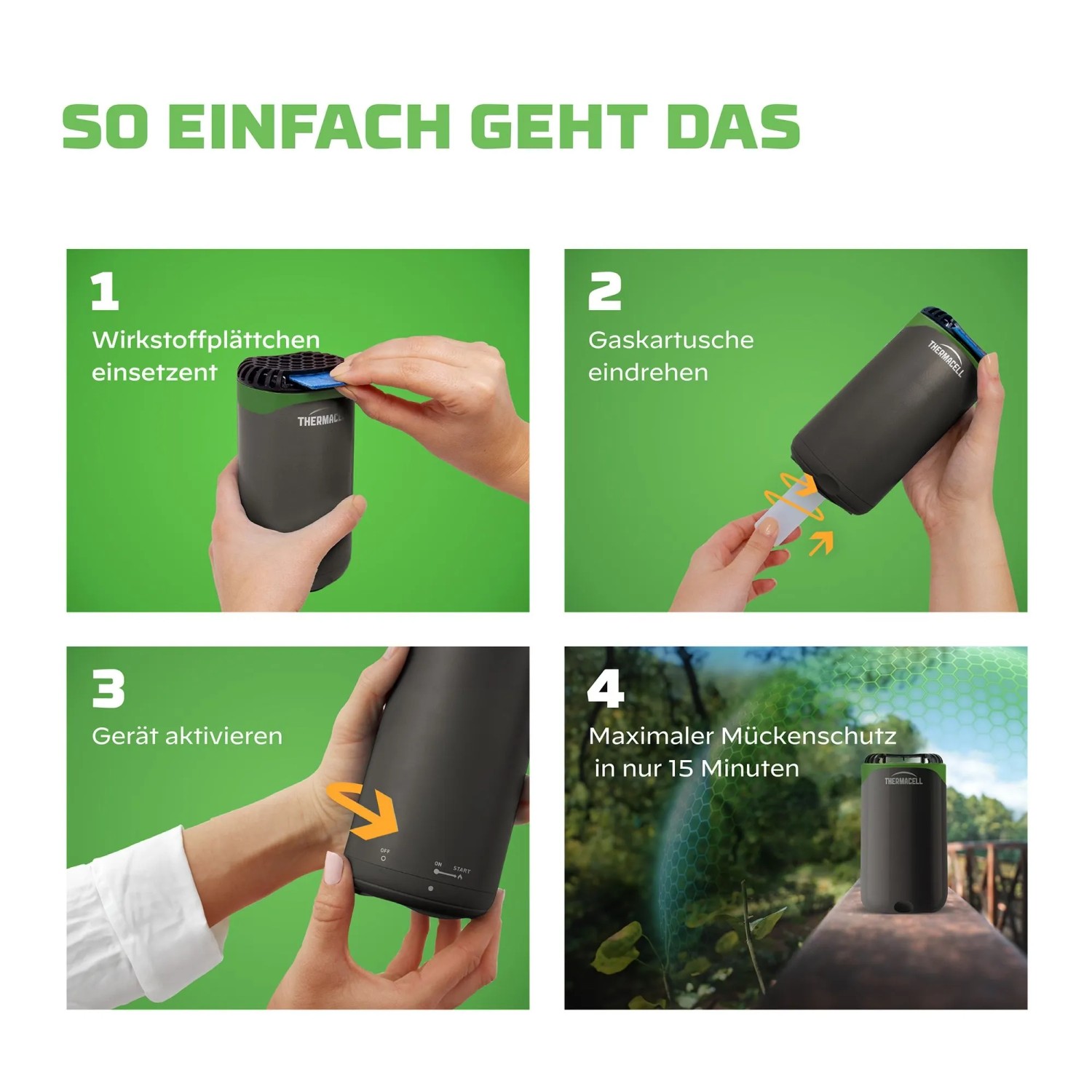 Thermacell Mückenabwehr Nachfüllpack: Anleitung zum Einsetzen von Wirkstoffplättchen und Gaskartusche.