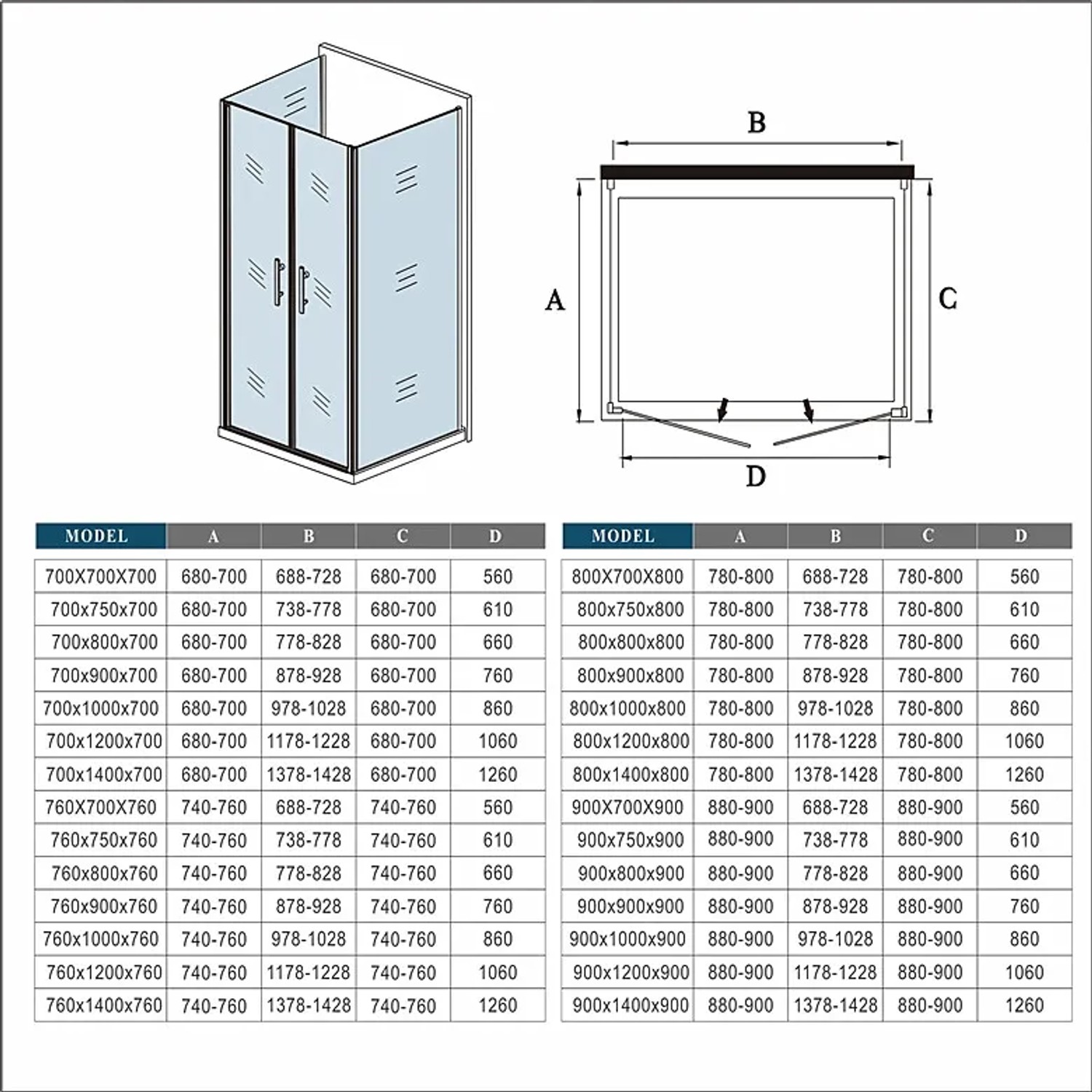 Duschparadies U-Duschkabine 90x75x90cm mit Doppeltür und NANO Glas, Schemazeichnung.