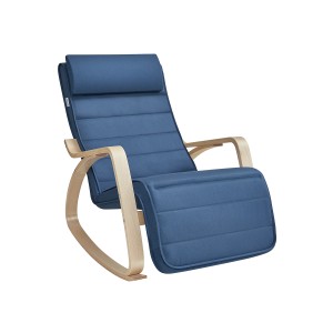 Blau-naturfarbener Songmics Schaukelstuhl mit Armlehnen aus Birkenholz.