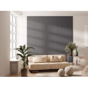 Wohnraum mit grauem Akustikpaneel Arctic, Filz Schwarz, 60x240 cm, zur Wand- und Deckengestaltung.