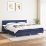 Blaues Boxspringbett (200x200 cm) mit Matratze und Kopfteil im Schlafzimmer.