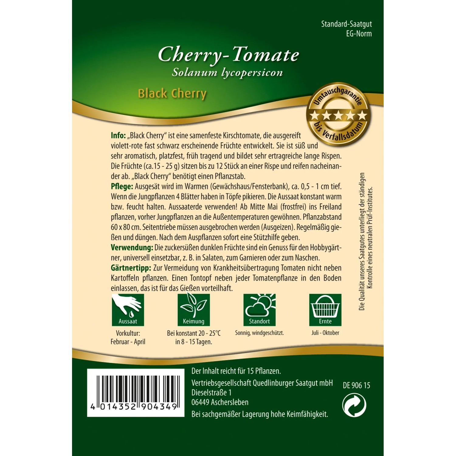 Saatgutpackung Quedlinburger Cherry-Tomate Black Cherry, braun-rote Früchte.