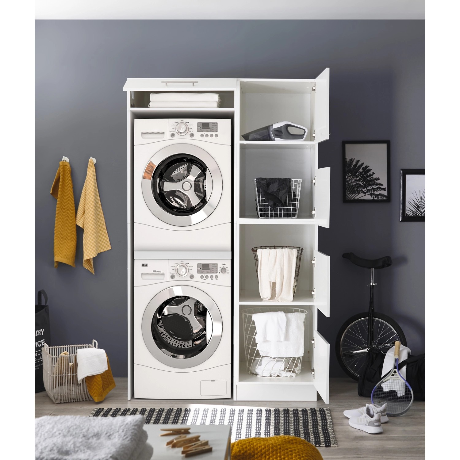 Respekta Hauswirtschaftsraum Set Clara, 200cm, Weiß Matt mit Waschmaschine und Wäscheschrank.