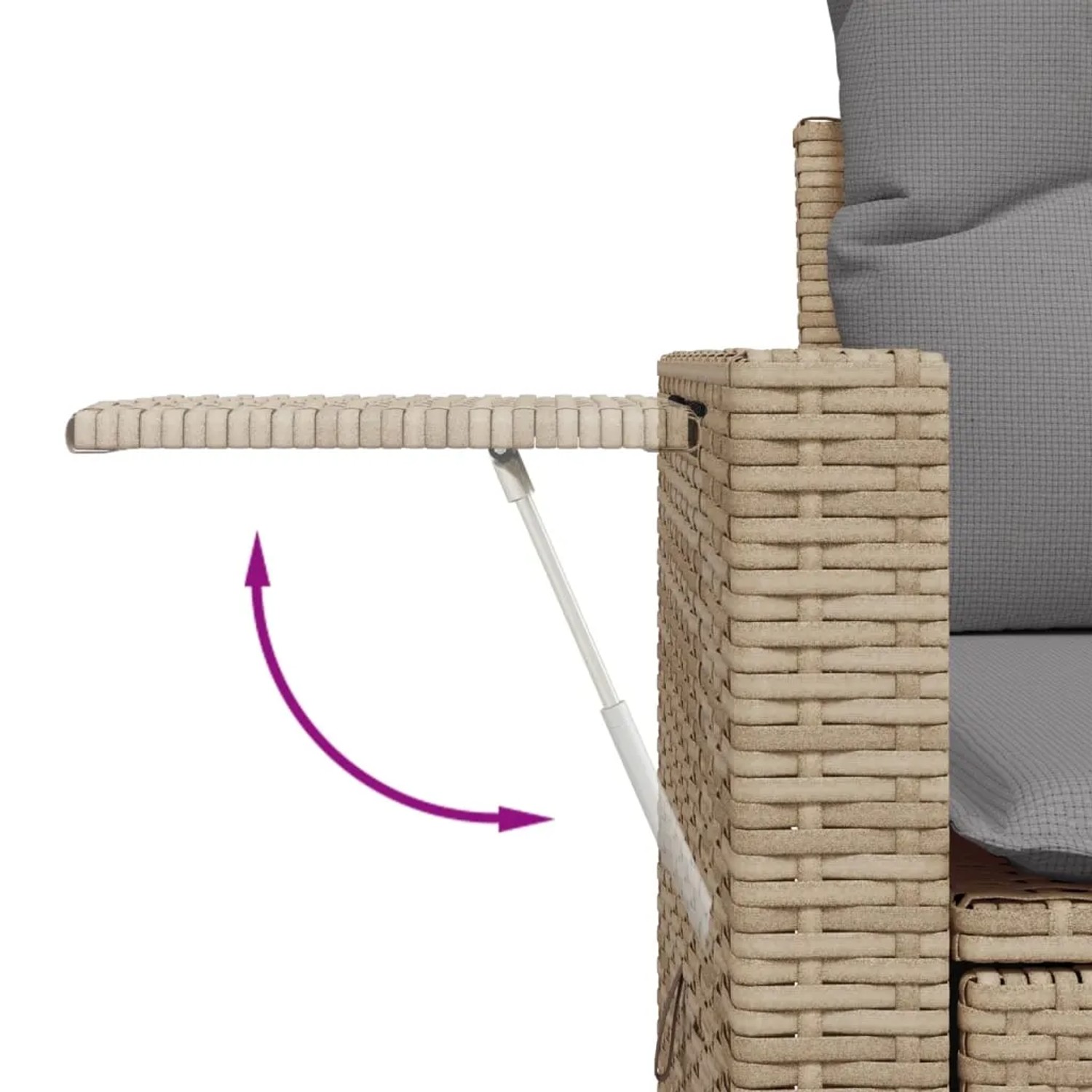Detailaufnahme: Beige Garten-Sofagarnitur mit ausklappbarem Tisch aus Rattan.