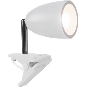 Weiße LED-Klemmleuchte Vidorni mit Chromhals, ideal als Lese- oder Schreibtischlampe.
