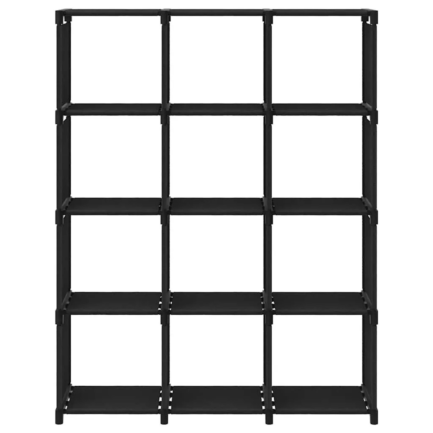 Schwarzes Würfelregal mit 12 Fächern aus Stoff, 103x30x141 cm. Praktisches Regal für Bücher und Deko.
