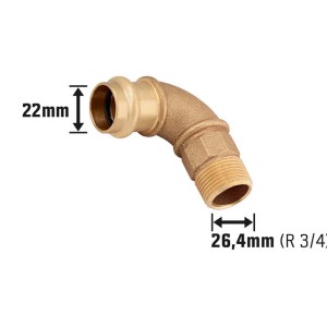 Rotguss Press-Winkel 90 Grad, 22 mm Pressanschluss, 26,4 mm (R 3/4) Gewinde für Kupferrohr Installation.