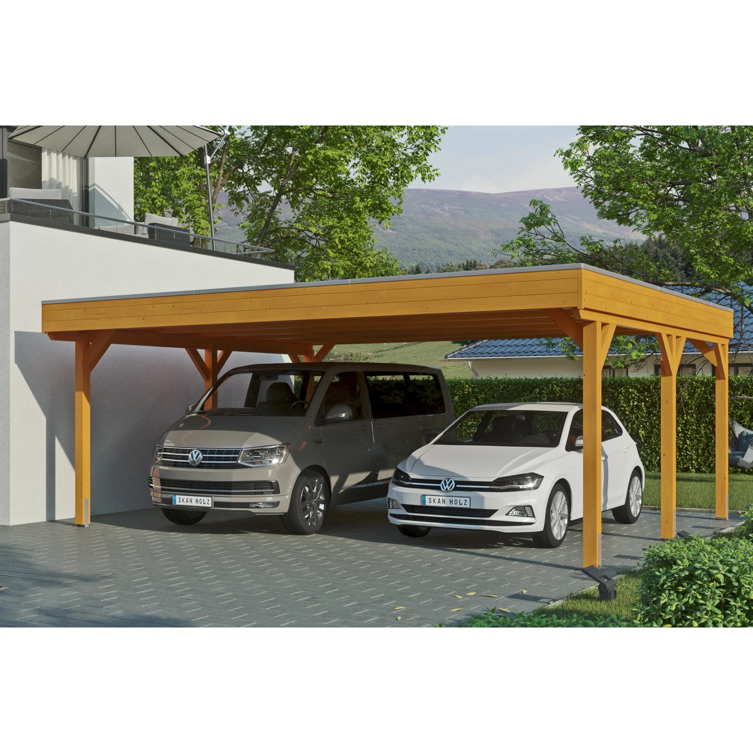 Skan Holz Carport Grunewald 622 cm x 554 cm mit Aluminiumdach Eiche Hell günstig online kaufen