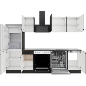 OPTIFIT Madrid420 Küchenzeile, 270 cm, Anthrazit mit E-Geräten wie Herd, Kühlschrank und Geschirrspüler.