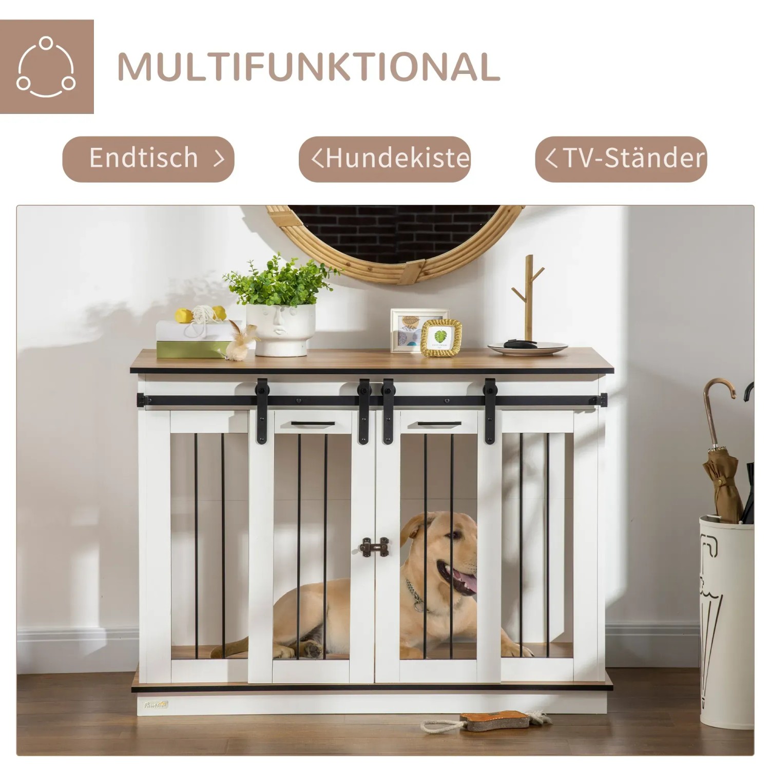 Weißer PawHut Hundekäfig aus MDF und Stahl mit Hund. Multifunktional als Hundehütte, Endtisch oder TV-Ständer nutzbar.