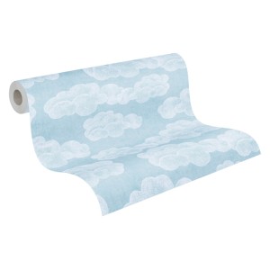 Vliestapete Wolken in Blau-Weiß von A.S. Creation, Rolle der Dekortapete mit Wolkenmuster.