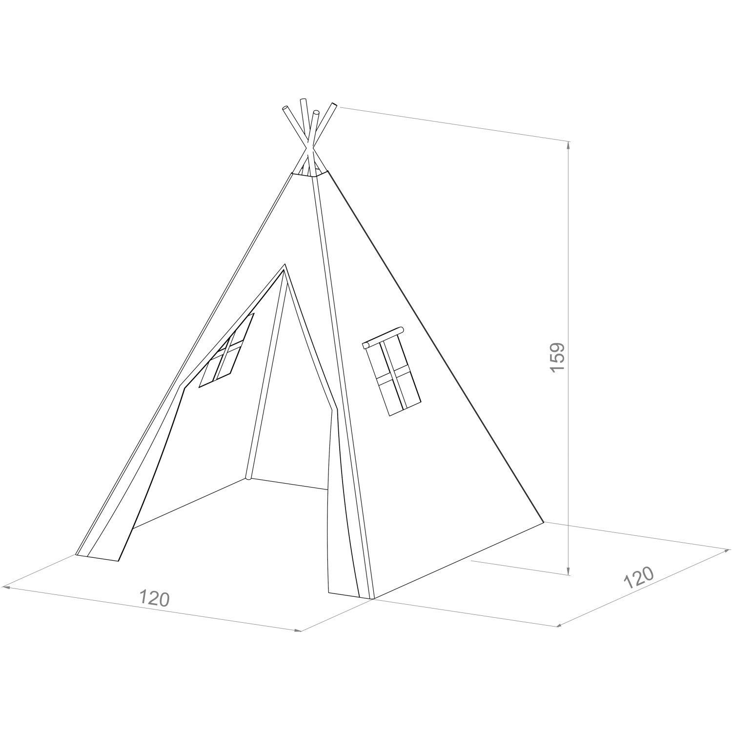 Skizze Tipi Zelt Alba mit Maßangaben, weißes Spielzelt für Kinder.