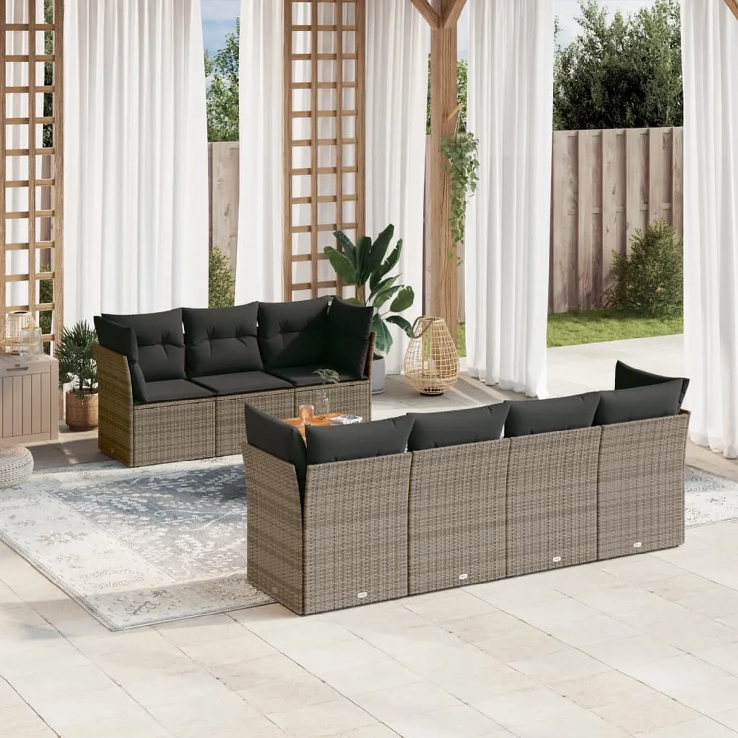 8-tlg. Garten-Sofagarnitur Grau Poly Rattan mit Kissen, bestehend aus Sofa, Tisch und Kissen.
