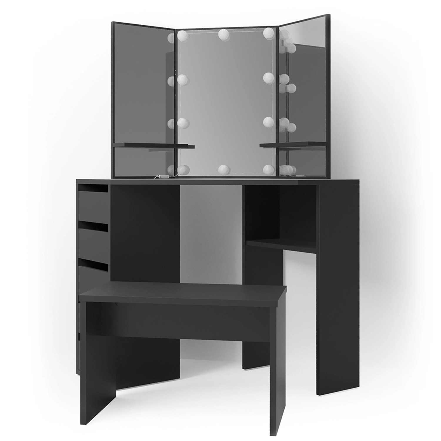 Vicco Eckschminktisch Arielle Schwarz 110 cm mit LED Beleuchtung und Bank günstig online kaufen