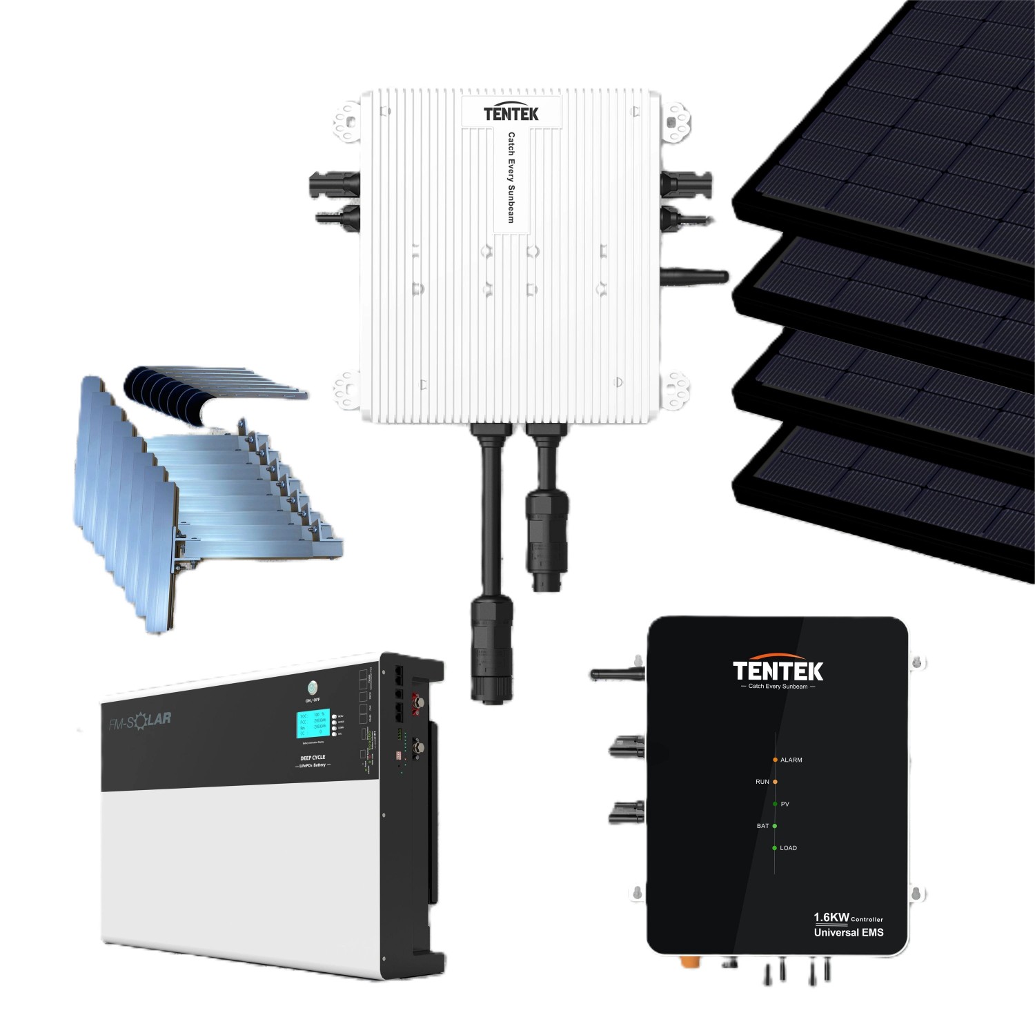 FM-SOLAR Balkonkraftwerk-Komplettset 800W mit Tentek Tribune-EMS 1.6KW-pro+ und 5 kW Batterie