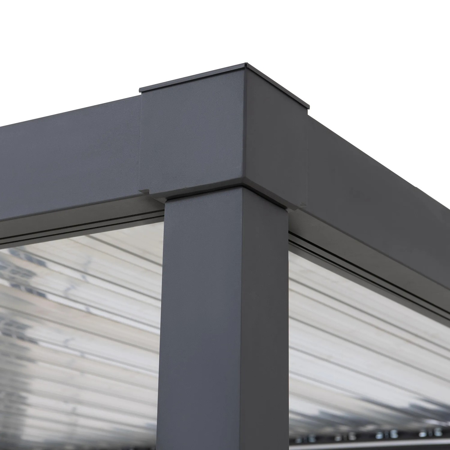 Detailansicht der anthrazitfarbenen Sunjoy Multi-Pergola Matterhorn (306x306 cm) mit Lamellendach.