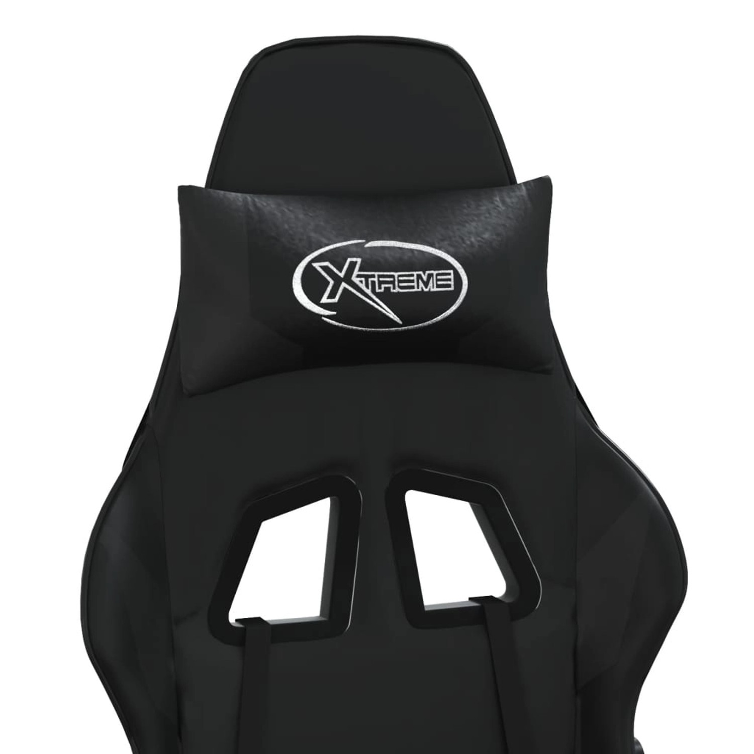 Schwarzer Gaming-Stuhl mit Massagefunktion und Kunstlederbezug.