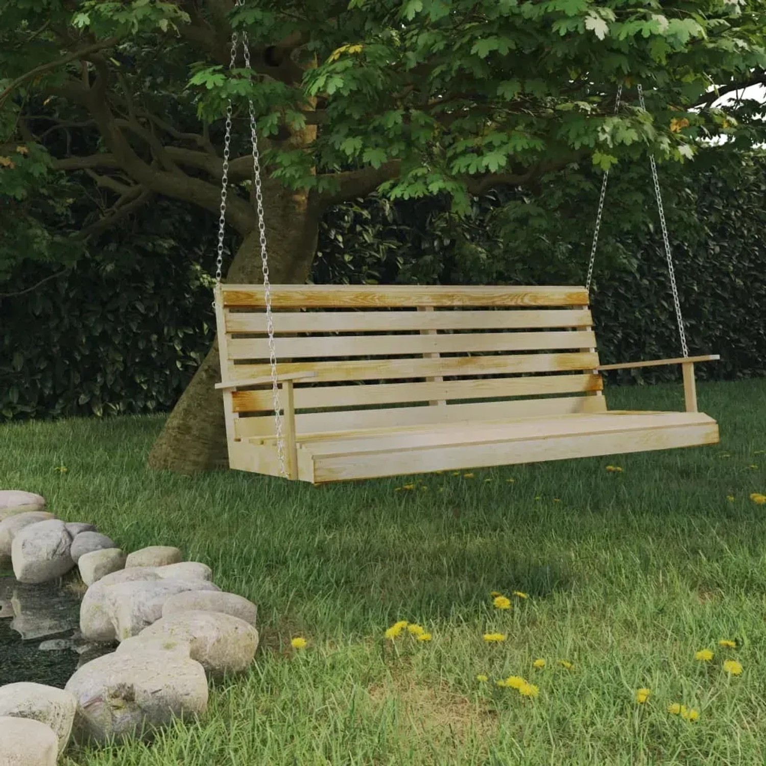 vidaXL Schaukelbank aus imprägniertem Kiefernholz, aufgehängt an Ketten im Garten.